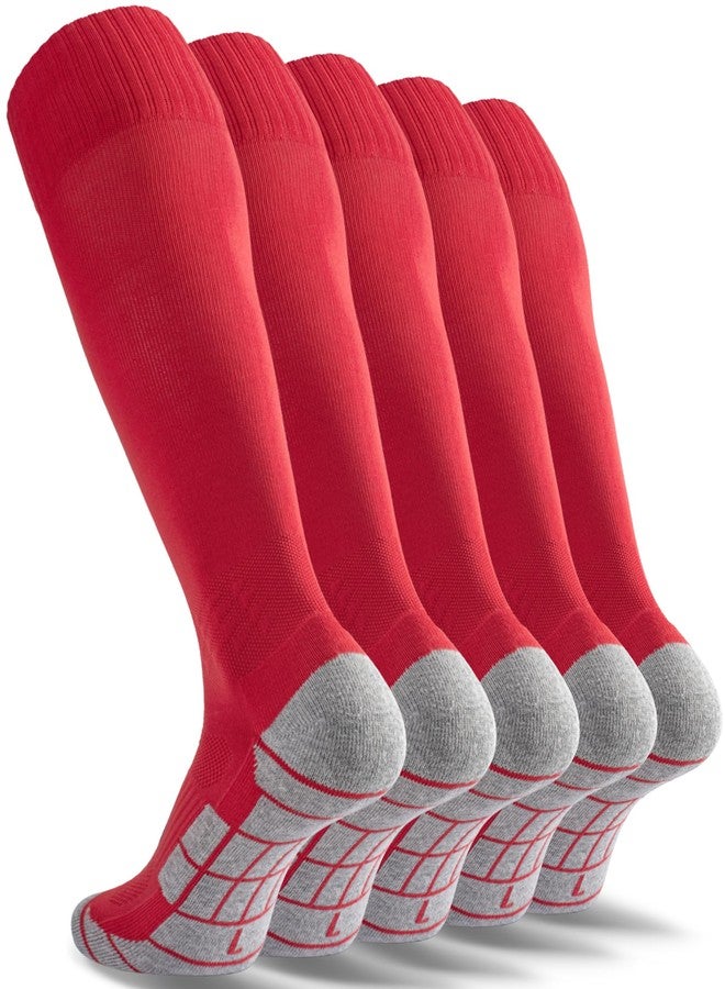 CWVLC Youth Baseball Socks 5 Pairs, Football Sport, Soccer Softball Team Athletic Socks, Knee High Long Tube Cotton Arch Ankle Compression Socks, Red, Medium - Image 1